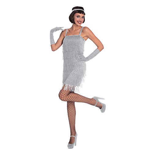 amscan 9907009 Erwachsene Silber Flapper Kostüm 1920er 1930er Charleston Fransen Outfit (UK Kleid: 10-12)