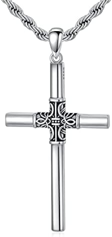 Swordgod Cross Necklaces for Men Sterling Silver Celtic Knot Cross Pendant Necklace Birthday Valentines Fathers Day Jewelry Gifts for Men,Stainless Steel Box Chain 20+2 Inches