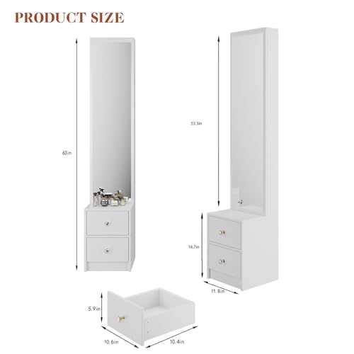 Full-Length Mirror Cabinet with Storage - 63 Inch Tall Standing Dressing, Multi-Layer Shelves (11.8x15.7x63 Inches), Modern Standing Mirror with Adjustable Shelves for Bedroom/Bathroom" (White) - Image 3