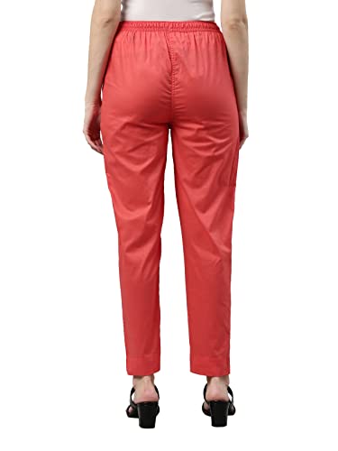Image of GO COLORS Women Solid Medium Coral Mid Rise Cotton Pants - L