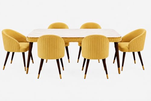 Image of WOODEN SPACE 6-Seater Wooden Dining Table Set | Nano Composite Marble Top | Solid Wood Base | Modern Dining Room Furniture with 6 Chairs (Yellow)