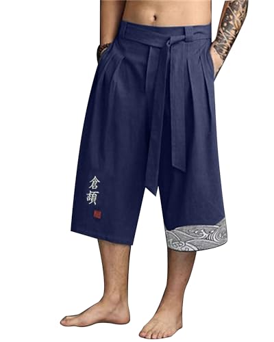 YAOBAOLE Pantalon Japonais Homme Bermuda Long Pantacourt Ete en Lin Shorts Taille Elastique Bleu Marine 2XL