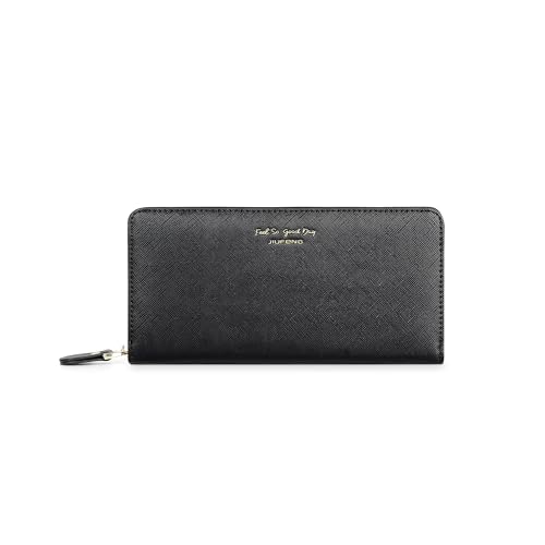 JIUFENG Women's Long Wallet Clutch Zip Around Purses Korean Fashion Large Capacity Money Clip Card Holder Phone Bag (Black)