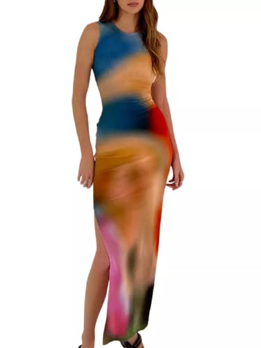 Image of Suillty Women Y2k Tie Dye Tank Dress Sleeveless Bodycon Long Dresses Printed Slim Fit Summer Maxi Dress Sundress