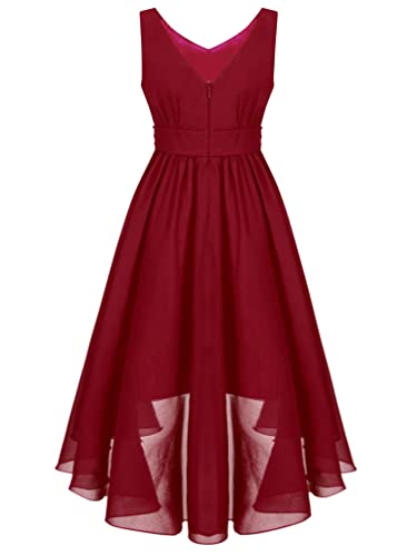 Ranrann Kids Girl's Sleeveless V-Neck Special Occasion Dresses Rhinestone Waist High Low Wedding Party Dress For Junior Teens Burgundy 14 Years #TOP1