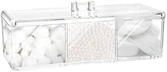 Square Qtip Holder Dispenser, 3 Compartments Cotton Ball Holder, Bathroom Canisters for Cotton Swab, Ball, Cottons Pad Organizer, Clear Acrylic Containers with Lid for Bathroom Vanity Countertop