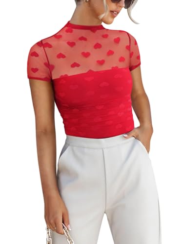 REORIA Sexy Bodysuits for Women Classic Mock Turtle Neck Short Sleeve Slim Fit Shirts Sheer Mesh Ruched Trendy Going Out Tops Cute Office Bodysuits Red Heart Medium