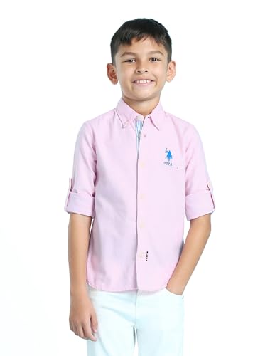 Image of U.S. Polo ASSN. Solid Cotton Shirt for Boys - Spread Collar, Long Sleeves, Regular Fit Shirt for Kids