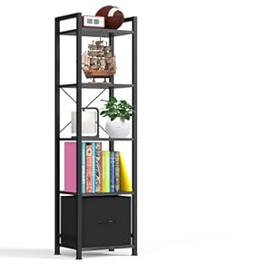 5-Tier-Bookshelf-With-Storage, Tall Small Bookcase Shelf With Drawer For Small Space, Narrow Standing Book Shelf Organizer For Bedroom Living Room Bathroom Office Kitchen, Display Shelving Rack Unit