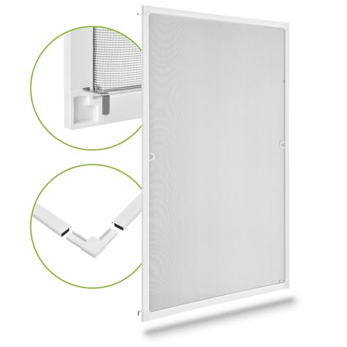 Juskys Fliegengitter Fenster 100x120 cm – Insektenschutz mit Alu Rahmen zum Einhängen, Montage ohne Bohren, Mücken- & Fliegenschutzgitter – Weiß