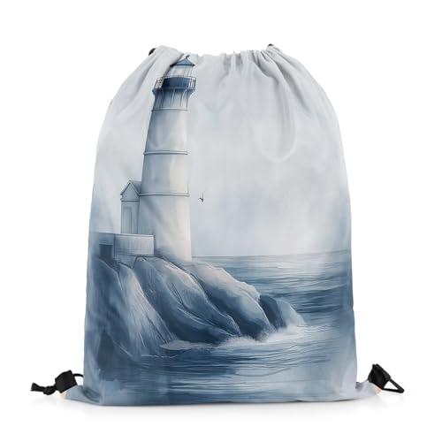 Image of jejeloiu Lighthouse Drawstring Backpack 13x15.7inch Nautical Seascape Waterproof Gym Drawstring Bags Ocean Sports String Backpack Beach Swim Travel Bag Sackpack