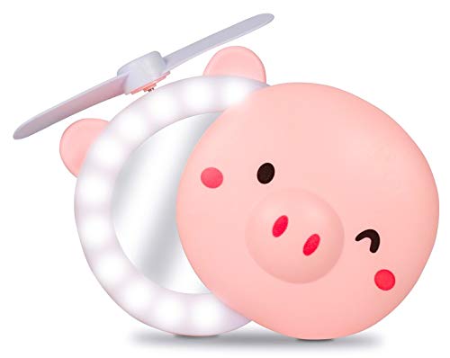 Mini Espelho De Maquiagem Portatil Com Luz De Led, Ventilador Porquinho Rosa De Bolsa