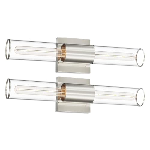 Image of 2 Pack Brushed Nickel Bath Vanity Light Fixtures, Indoor Wall Sconce Light with Cylinder Clear Glass Shade, Modern E26 Elegant Bathroom Wall Mounted Lighting for Bedroom Living Room Porch