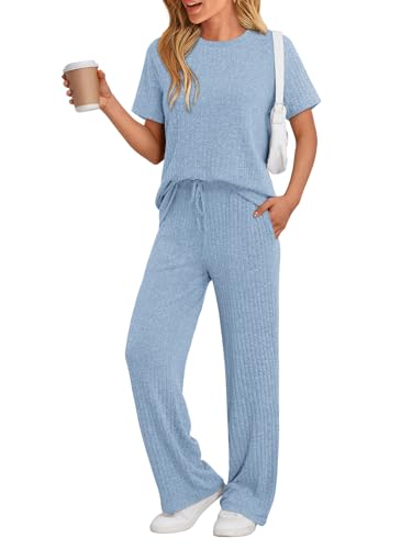Image of LILLUSORY Womens Lounge Sets 2 Piece Matching Travel Outfits | Lightweight Ribbed 2 Piece Set, Breathable, Stretchy, Wrinkle-Resistant, Travel Ready, Versatile