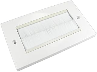 rhinocables Double Gang White Faceplate Brush Plate with Black or White Brushes for Wall-Mounted Installation Tidy Cable Pass Through Insert for Wires and Cable Access (White Brush)