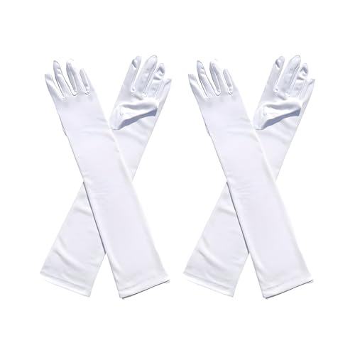 Joysuelly 2 Paire Gants Longs Femme, Gant Longs Femme Coude en Satin Gants de Mariée élastiques de Soirée Classiques Gant de Coude Taille Adulte Élégants pour Festival Costumée Danse Soirée (Blanc)