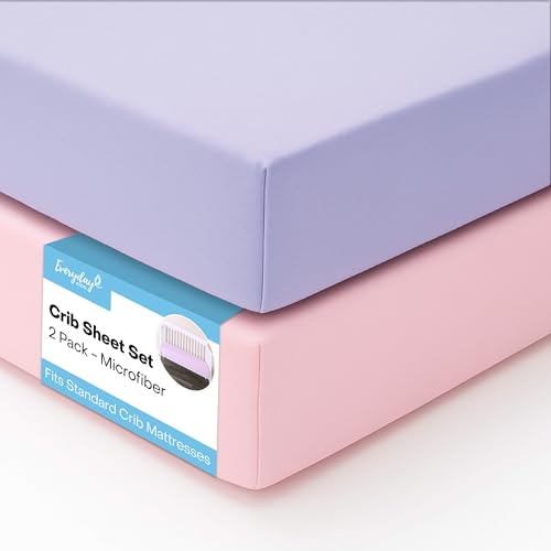 Image of Everyday Kids 2-Pack Fitted Crib Sheets, 100% Soft Breathable Microfiber Baby Sheet, Fits Standard Size Mattress 28in x 52in, Lavender, Pink Nursery Sheet