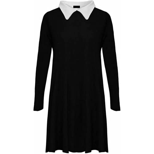 STAR FASHION Women’s Long Sleeve Peter Pan Collar Dress Flared A-Line Swing Dress Plus Size Ladies Halloween Festive Jersey Top Dresses Black 16-18