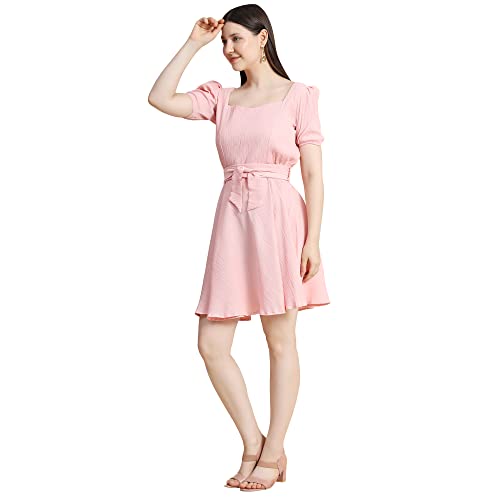 Image of KERI PERRY Women's Peach Cotton Blend Solid Fit & Flared Western Dress | Dress for Women | A line Dress | Winter Dress | Western Dress | Women Dress | Trendy Dress | Midi Dress