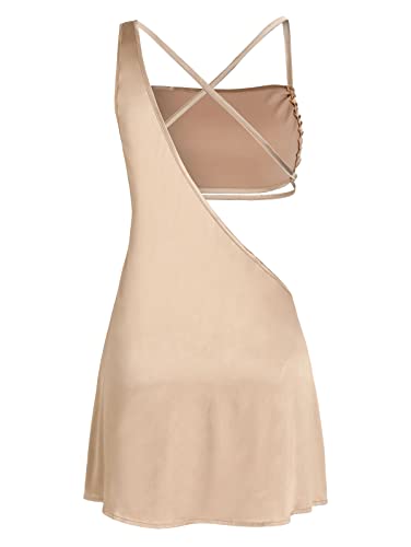 Zaful Women's 2 Piece Cut Out Silky Satin And One Shoulder Mini Cami Dresses For Graduation Night Club Date Party(Champagne, Xs) #TOP7