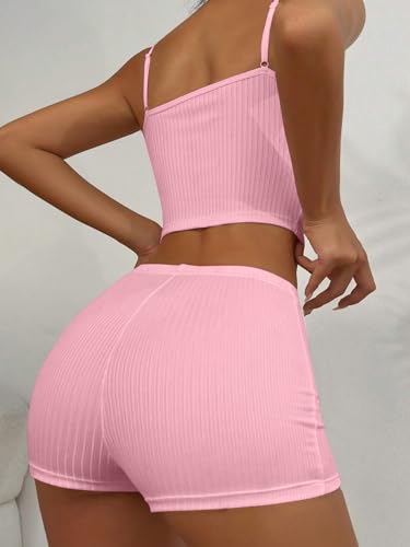 Image of Hilinker Womens Graphic 2 Piece Pajama Set Summer Cute Crop Cami and Shorts Ribbed Lounge Sets