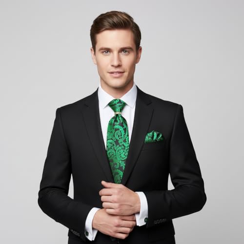 Image of 5PCS Tie and Pocket Square for Men, Silk Necktie and Handkerchief Cufflinks with Gold Ring and Lapel Pin Set