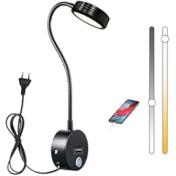 Lamparas De Dormitorio Para Leer LED Luz para leer De Cabecera, 5W Dormitorio Lámpara De Lectura De Pared Con Enchufe Y Interruptor Tactil, Apliques De Pared Color Y Brillo Ajustables, 360° Lámpara Flexible Cuello Cisne (Negro)