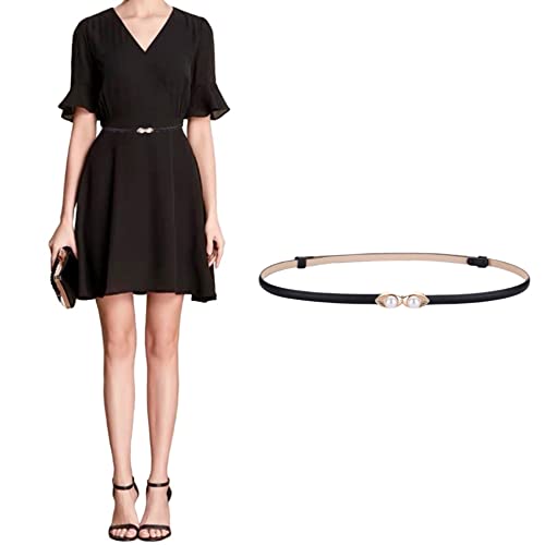 Women's Belt Skinny Soft Genuine Leather Belts Slim Dress Fashion Waist Belt Gold Solid Pearl Shaped Buckle Waistband - Main Image