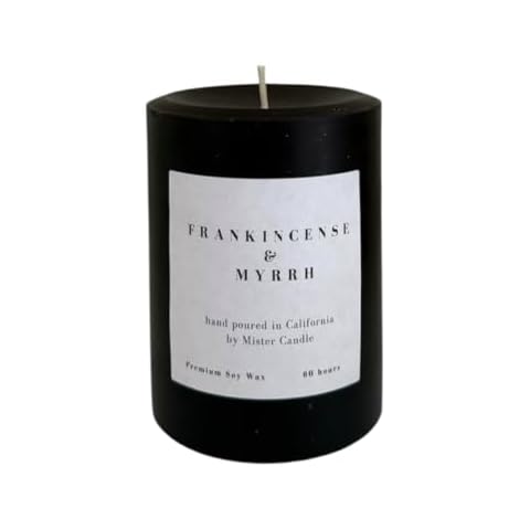 Mister Candle - 3" x 4" Frankincense and Myrrh Scented Pillar Candle - Solid Black Color Made with Essential Oils for Home Decor, Premium Soy Wax, 60 Hr Burn Time Made in USA (Frankincense & Myrrh) Cover