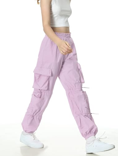 Image of EXARUS Girls Parachute Pants Cargo Hip Hop Wide Leg Baggy Y2K Teen | Tween Casual School Dance Streetwear with Pockets Elastic Waist Youth Junior Kids Bottoms Hiking 8-14Y