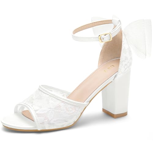 Perphy Lace Open Toe Bow Ankle Strap Block Heel Sandals for Women