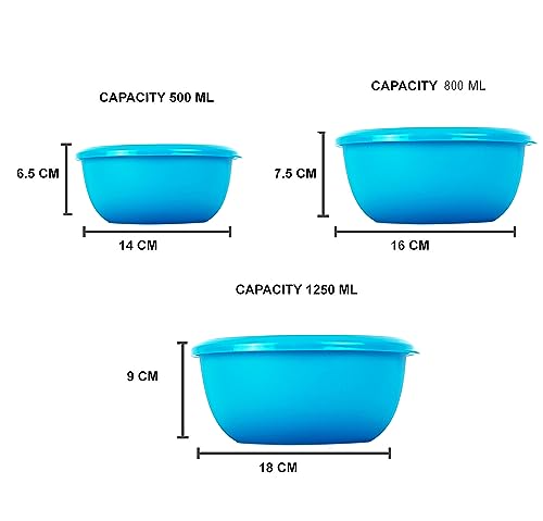 Image of Microwave Safe Stainless Steel Food Storage Container with Lid | Euro Mixing Bowl Set for Kitchen | 500ml, 800ml, 1250ml | Pack of 3 | Leak-Proof (Classic Blue Plain)