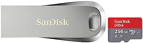 Image of SanDisk Ultra microSDXC UHS-I Card, 256GB, 150MB /s R, 10 Y Warranty, for Smartphones & Ultra Luxe USB 3.1 Flash Drive 256GB, Upto 150MB /s, All Metal, Metallic Silver