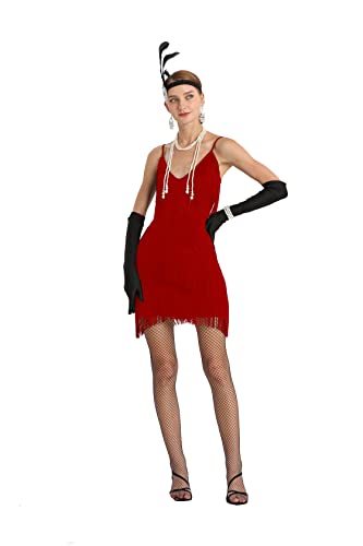Image of Women 1920s Gatsby Flapper Dress Sexy Open Back Strap Fringed Cocktail Party Dress with 20s Accessories