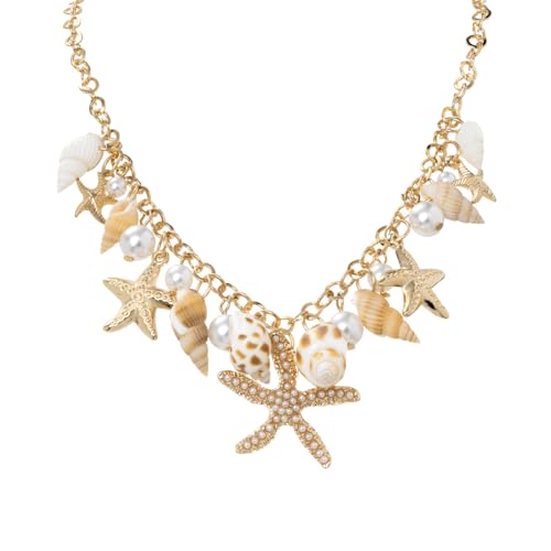 CYWQ Shell Starfish Necklace Conch Pearl Seashell Statement Chunky Layered Shell Necklace Costume Jewelry Beach Jewelry for Women (Gold)