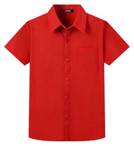 A&J DESIGN Boys Red Button Down Shirt Kids Formal Christmas Valentines Easter New Years Prom Uniform School Graduation Short Sleeve Button Up Solid Dress Shirt with Chest Pocket Size 12