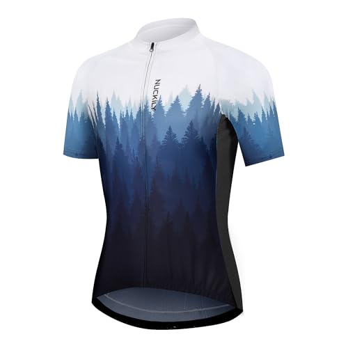 NUCKILY Camiseta de ciclismo para hombre, manga corta, absorbe la humedad, con bolsillos, Azul, Large
