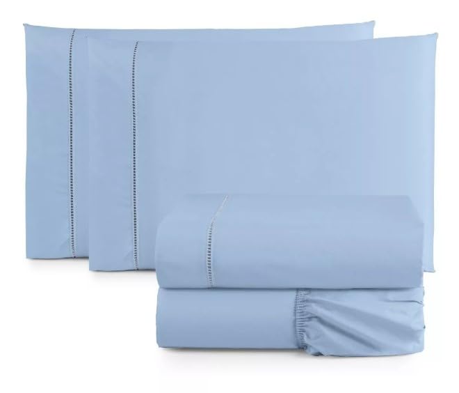 Jogo de Cama Casal Padrão Percal 400 Fios Ponto Palito 04 Peças, Antiácaro, Não faz bolinha Toque Extra Macio – Azul