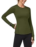 Loovoo Athletic Tops for Women Long Sleeve Workout Shirts Casual Thermal Underwear Dry Fit Running Slim T-Shirt Yoga Hiking Clothes Army Green XL