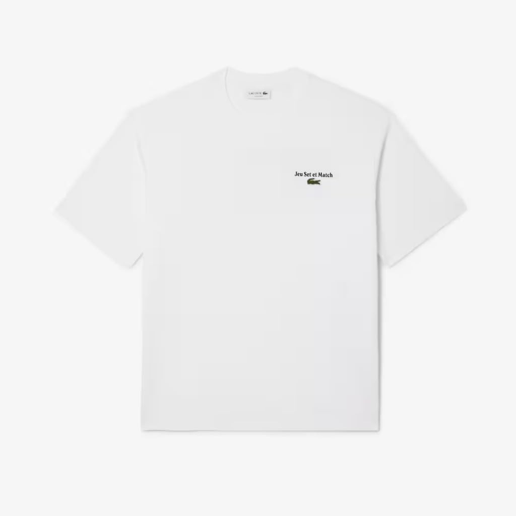 Lacoste Camiseta Blanca Jeu Set et Match, Algodón Orgánico, Corte Holgado, Manga Corta, Estampado Gráfico con Cocodrilo Bordado, Hombre