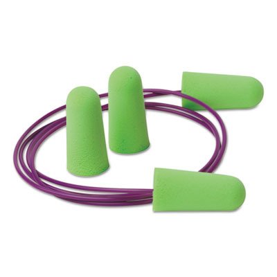 Pura-Fit Single-Use Earplugs, Corded, 33NRR, Bright Green, 100 Pairs