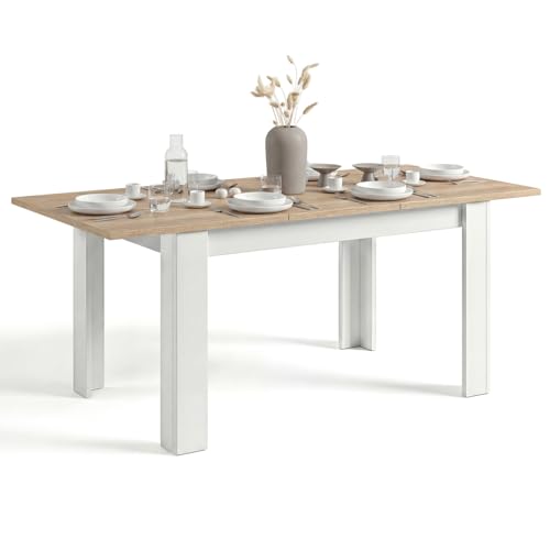 duehome | Mesa de Comedor Extensible, Mesa Rectangular, Modelo Sira, Acabado en Blanco Artik y Roble Canadian, Medidas: 123-173 cm (Largo) x 75 cm (Ancho) x 78 cm (Alto)