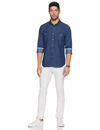 Image of Amazon Brand - Symbol Men's Cotton Slim Fit Denim Shirt | Casual | Plain | Full Sleeve | Summer (Available in Plus Sizes)