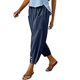 Cotton Casual Capri for Women Elastic High Waisted Loose Lantern Tapered Harem Pants with Pockets Dark Blue