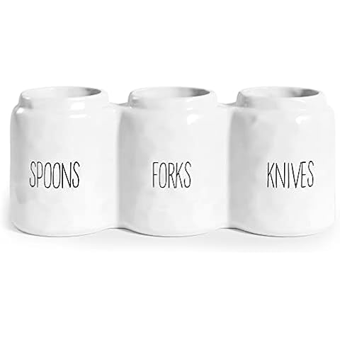 Barnyard Designs Silverware Caddy for Countertop - Cutlery Organizer for Spoon, Fork, and Knife - Ceramic Utensil Holder for Flatware or Plasticware - Perfect for Parties - 12.5” x 4.25” x 5” (White) Cover