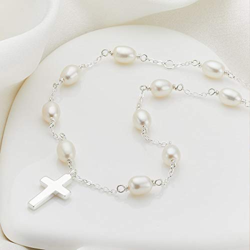Sterling Silver Chain, Pearl & Cross Necklace For Girls and Women. Delicate Pendant Teen Jewelry Present For Holy Communion, Flower Girl Gift, Birthday, Sweet 164