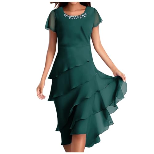 Sommerkleid Damen Knielang Chiffon Kleider Kurzarm Rundhals Mehrlagiges Midikleid Elegant Hochzeit Abendkleider Cocktail Party Chiffonkleid Festliche...