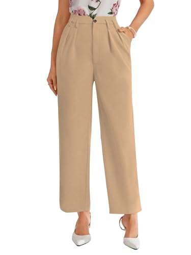 Image of Shasmi Women's High Waist Pleated Straight Leg Trousers - Elegant Solid Color Work Pants with Pockets, Casual Office Wear Polyester Blend Wide Leg Suit Pants (Trouser 235)