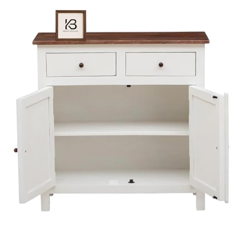 Image of Solid Wood Sideboard Cabinet with 2 Drawers | Tubaq Scratch-Resistant Top | White Distressed Edge | Storage for Living Room & Dining