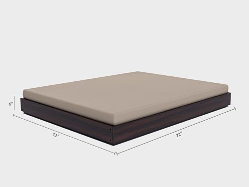 Image of Solid Acacia Wood Low Height King Size Bed Without Storage | Wooden Double Bed | Space Saving Low Floor /Lying /Rise /Level /Profile Cot Bed for Bedroom | Walnut, Mattress Size: 72x72 Inch